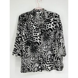 Alia Petites Animal Print Button Down 3/4 Sleeve Blouse Top Black White PS